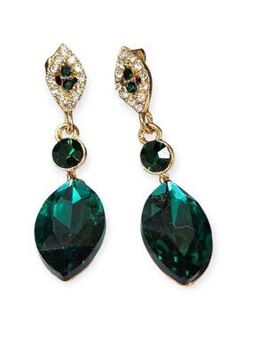 Green Crystal Drop Earrings Gold Tone Rhinestone Accent Jewelry holiday VTG